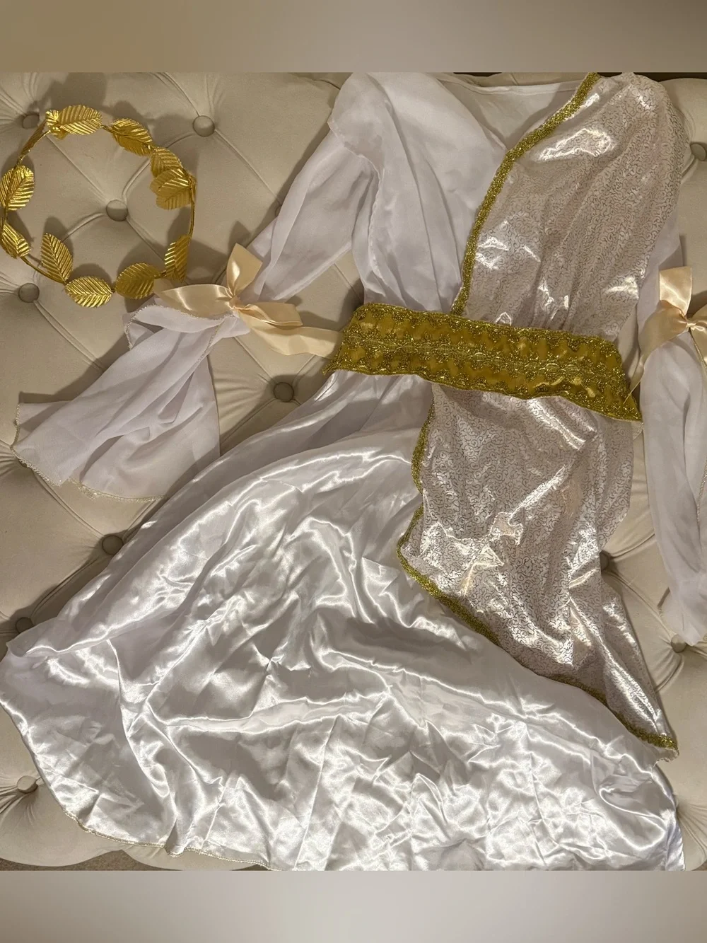 Girls’ Greek Goddess Grecian Roman Toga Costume & Gold Leaf Headpiece Large 8-10